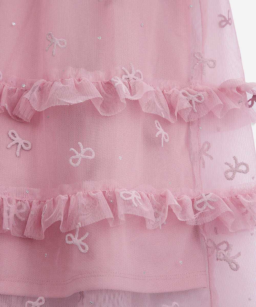 vestido infantil de tule com babado e laços rosa