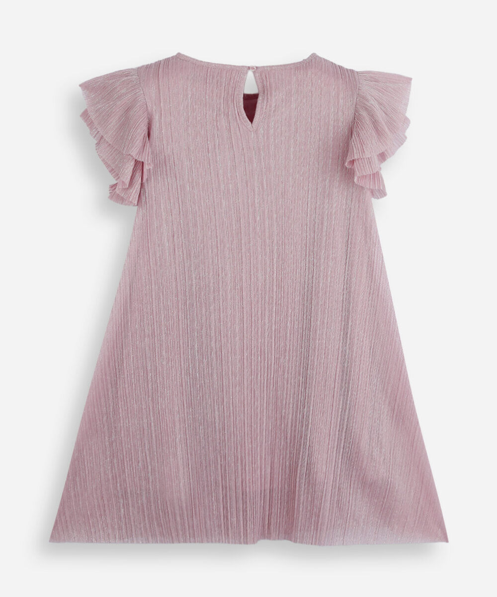 vestido infantil manga curta plissado rosa