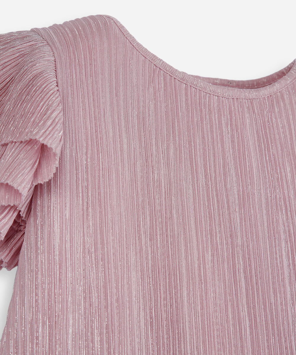 vestido infantil manga curta plissado rosa