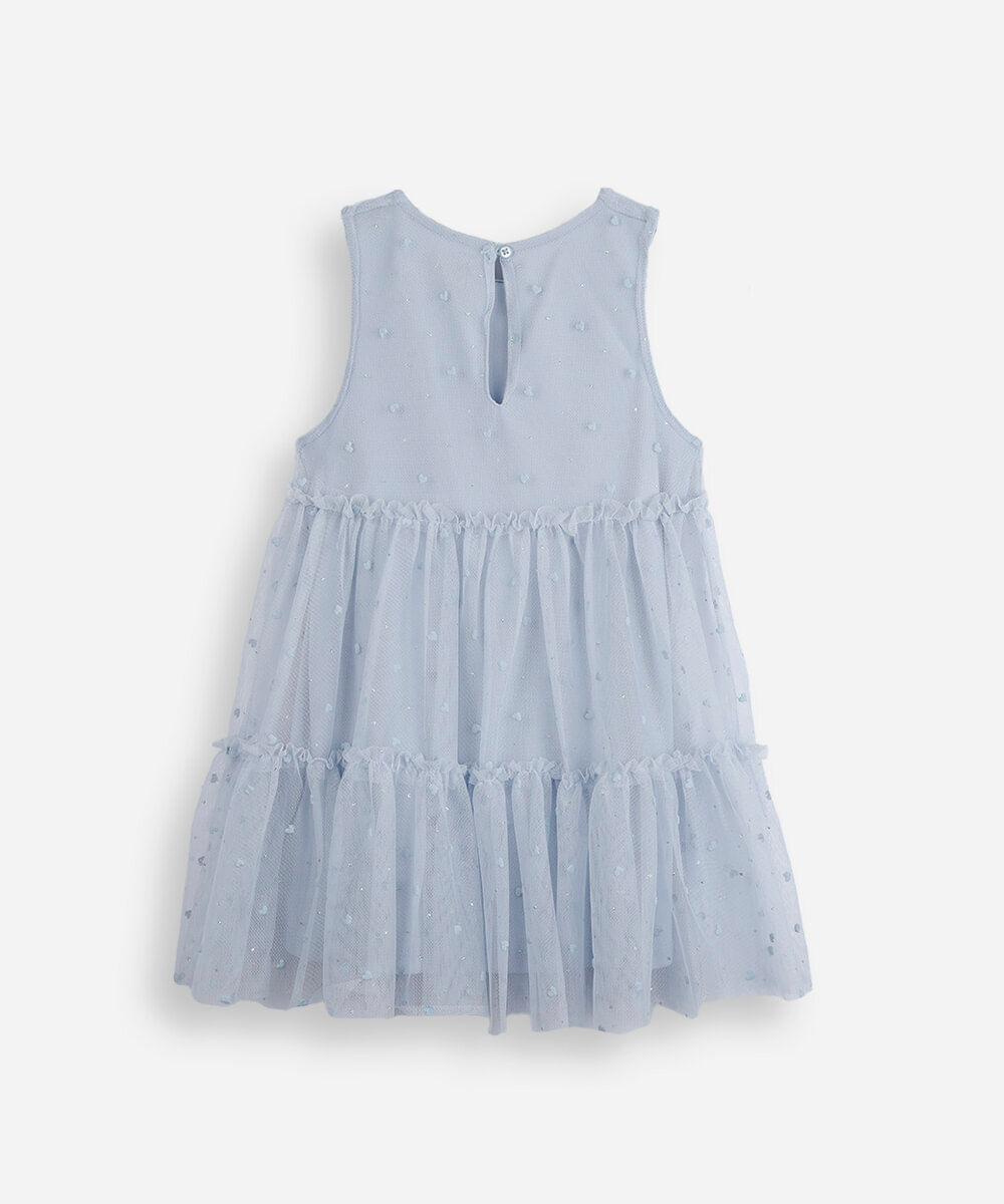 vestido infantil de tule com recortes e brilhos azul
