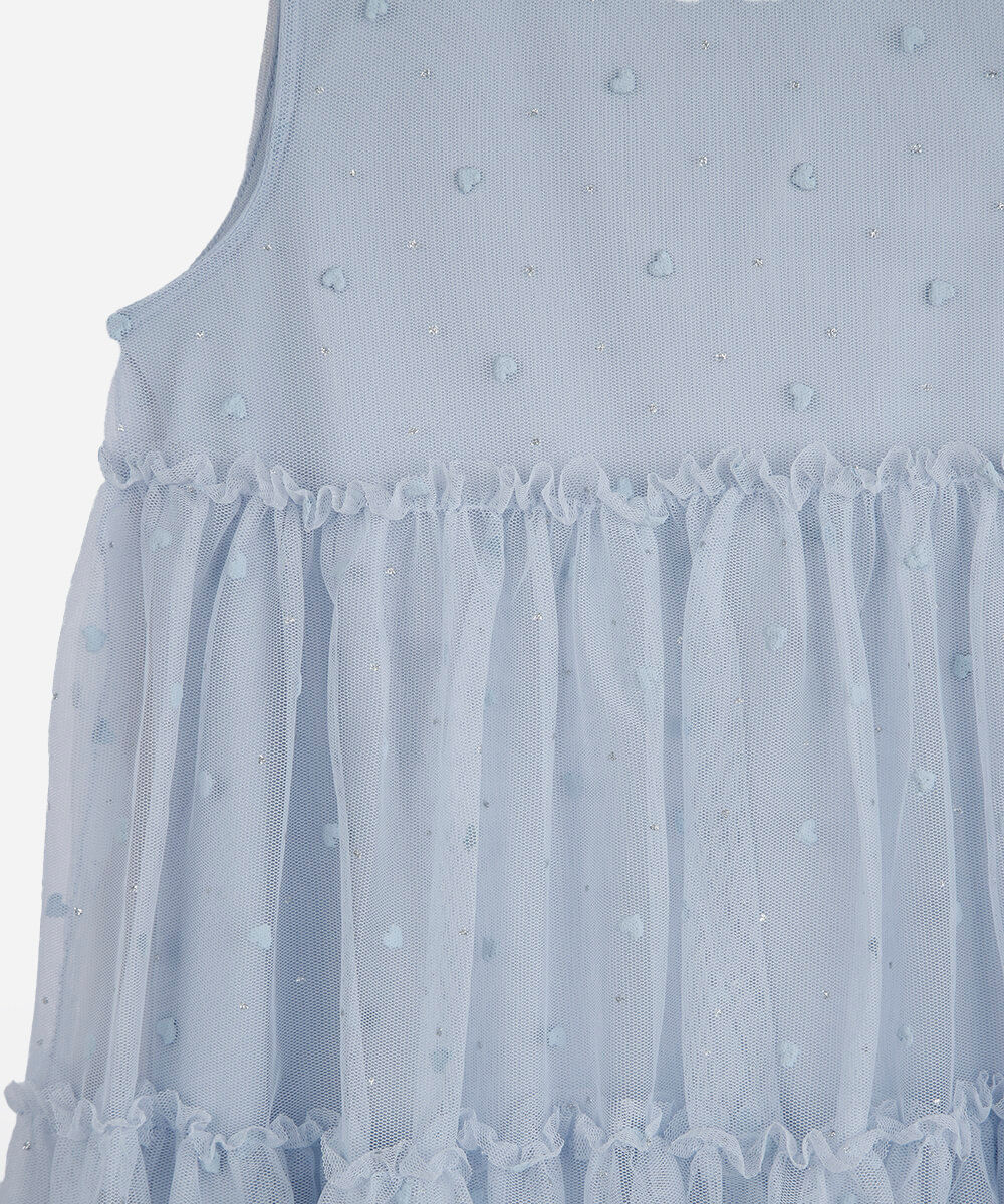 vestido infantil de tule com recortes e brilhos azul
