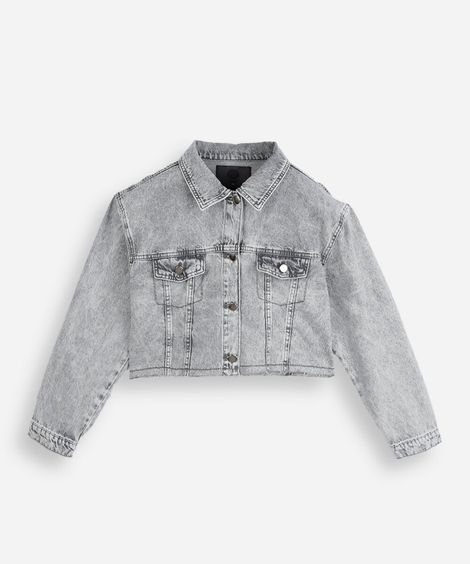 jaqueta cropped juvenil jeans com tachas cinza