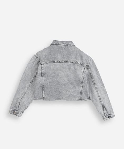 jaqueta cropped juvenil jeans com tachas cinza