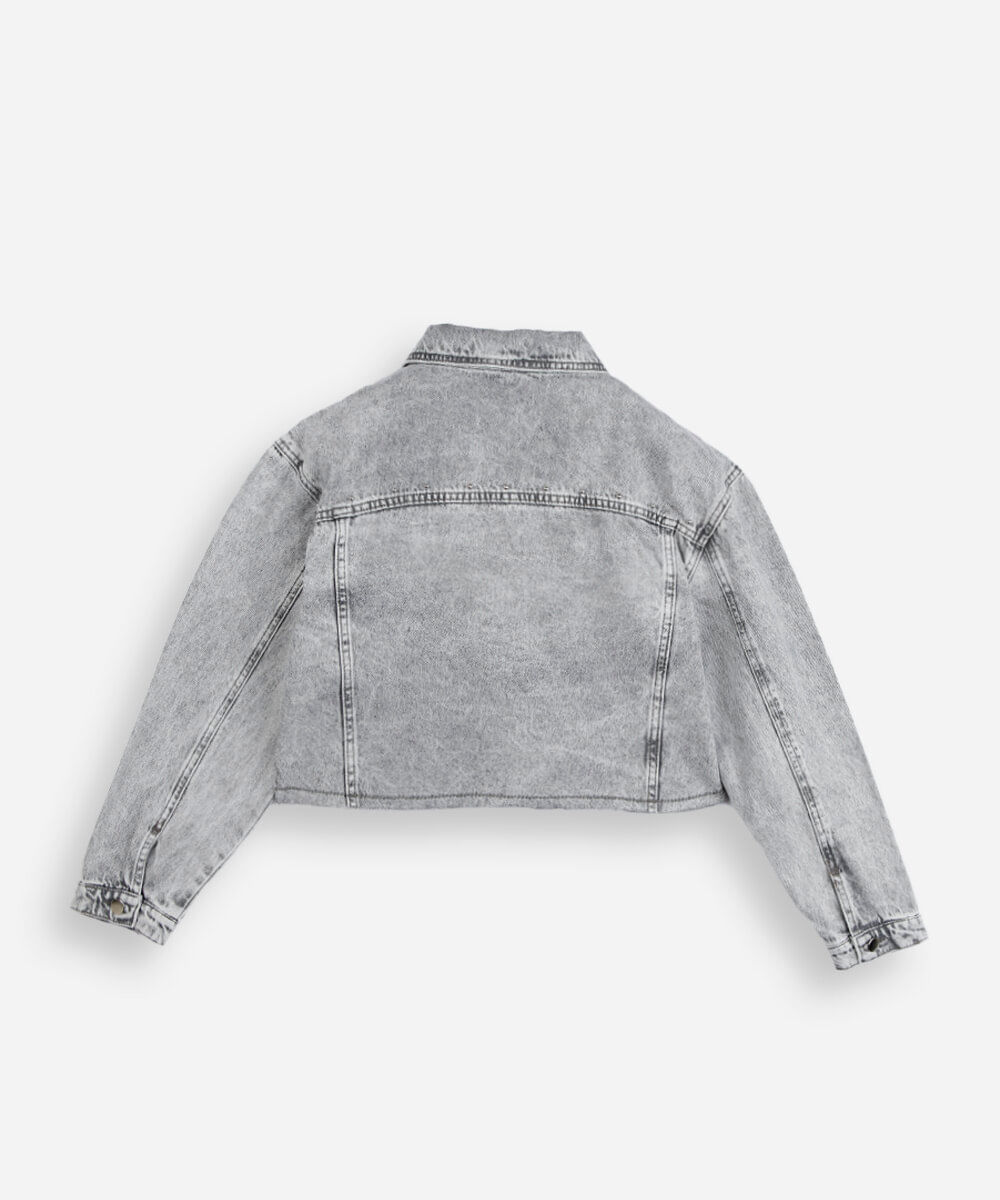 jaqueta cropped juvenil jeans com tachas cinza