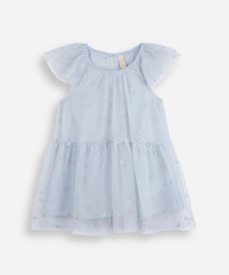 vestido infantil de tule com recorte laços azul