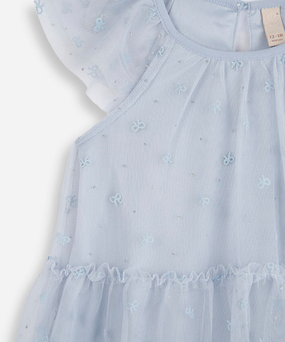 vestido infantil de tule com recorte laços azul