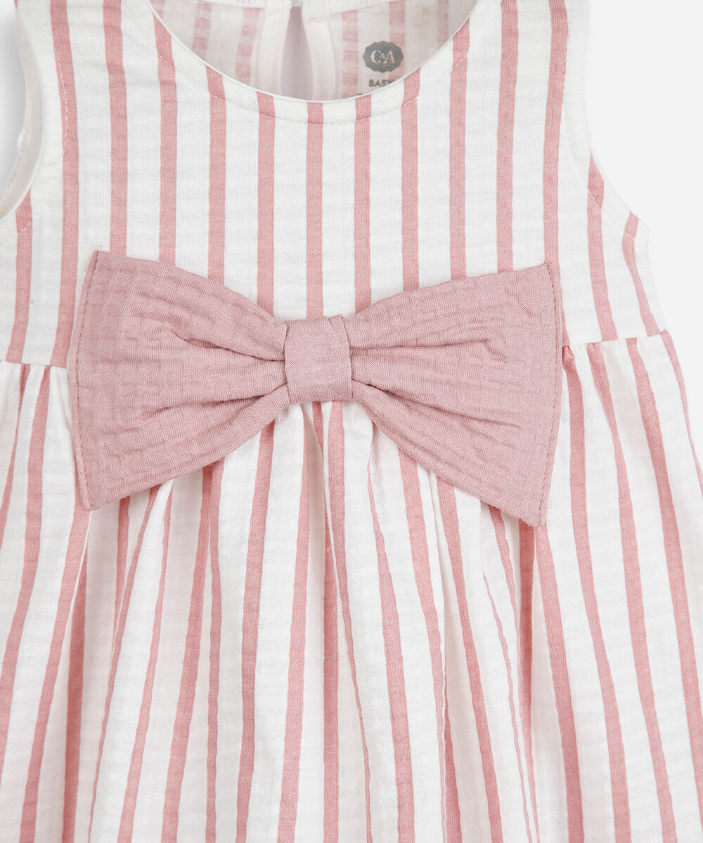 vestido infantil de algodão texturizado listrado rosa