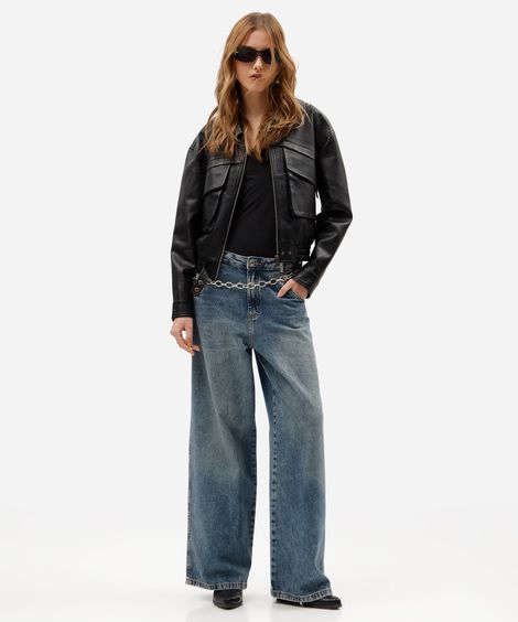 calça skater jeans cintura média gancho deslocado azul
