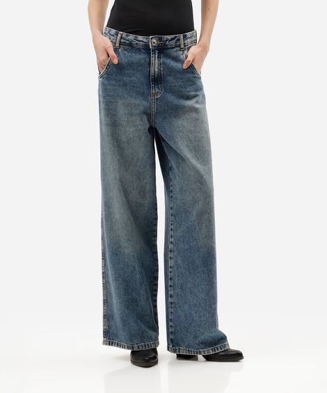 calça skater jeans cintura média gancho deslocado azul
