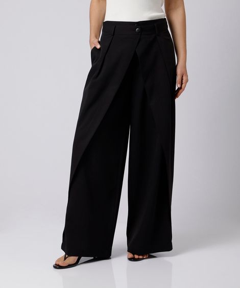 calça de alfaiataria feminina cós duplo com pregas mindset preta