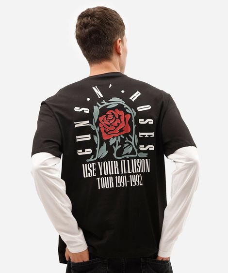 camiseta masculina de algodão manga longa guns n roses preta