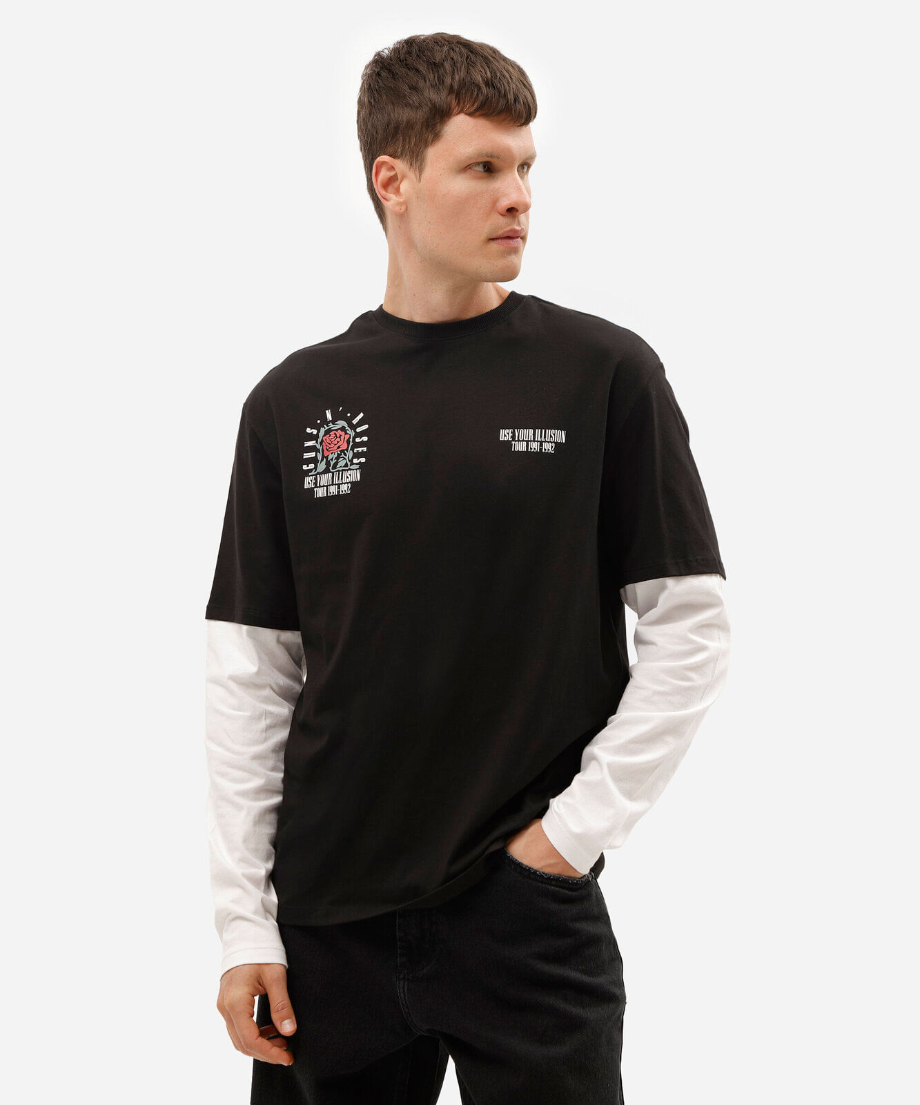 camiseta masculina de algodão manga longa guns n roses preta