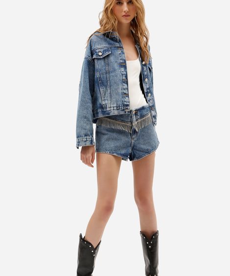 short feminino jeans cintura média com franjas de brilhos azul