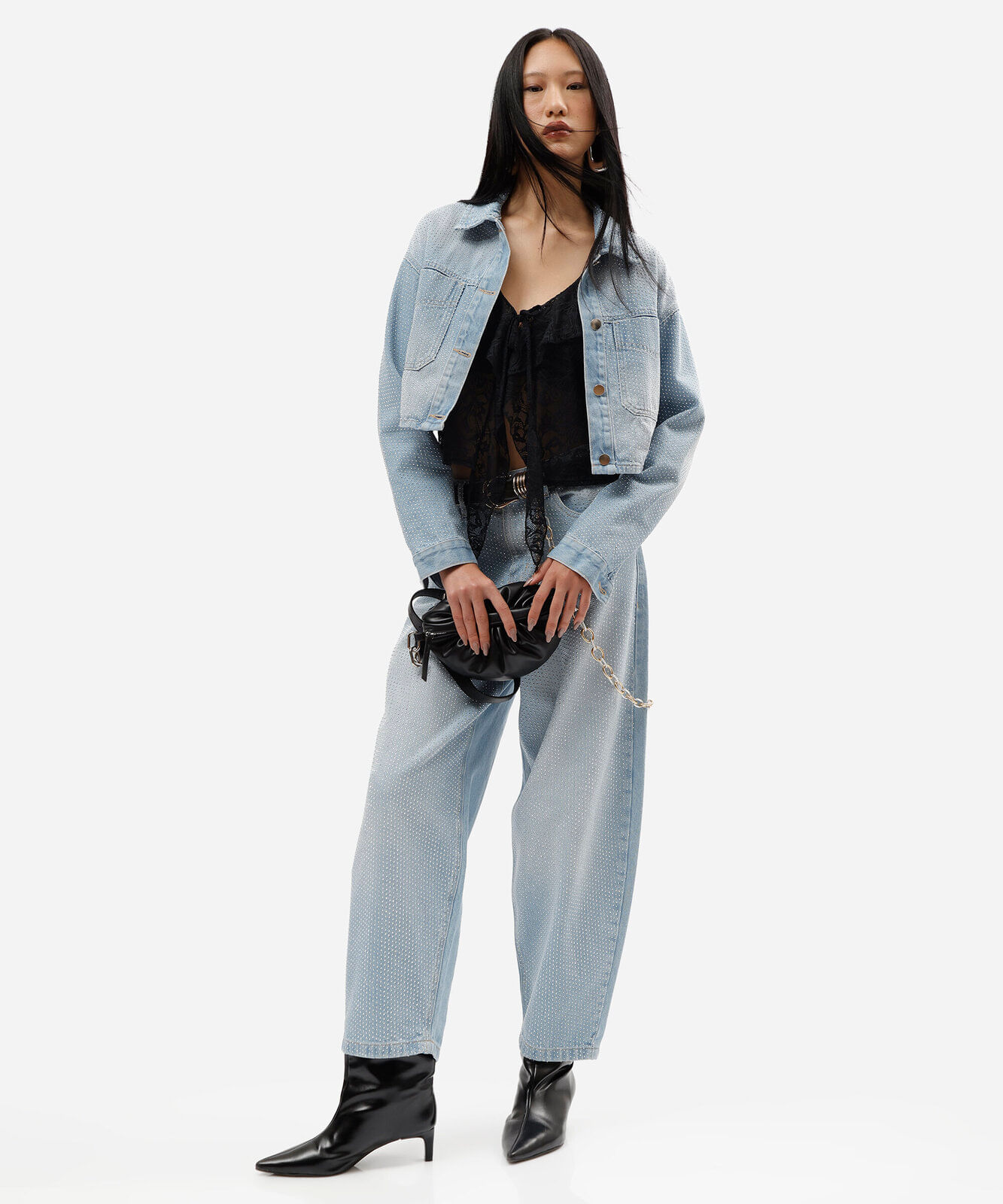 calça barrel feminina jeans cintura média com brilhos azul