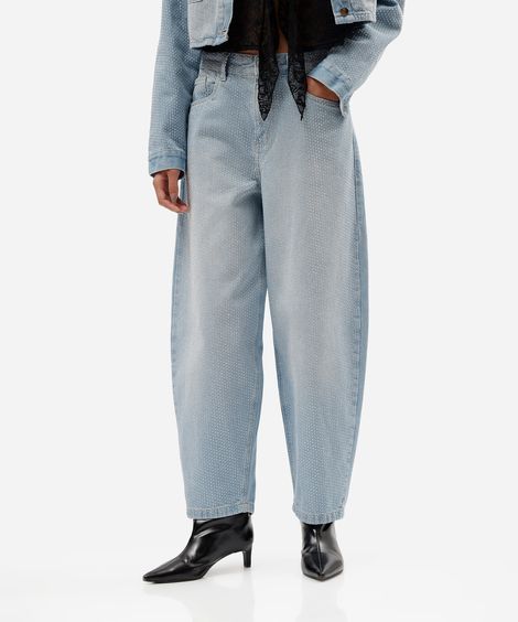 calça barrel feminina jeans cintura média com brilhos azul