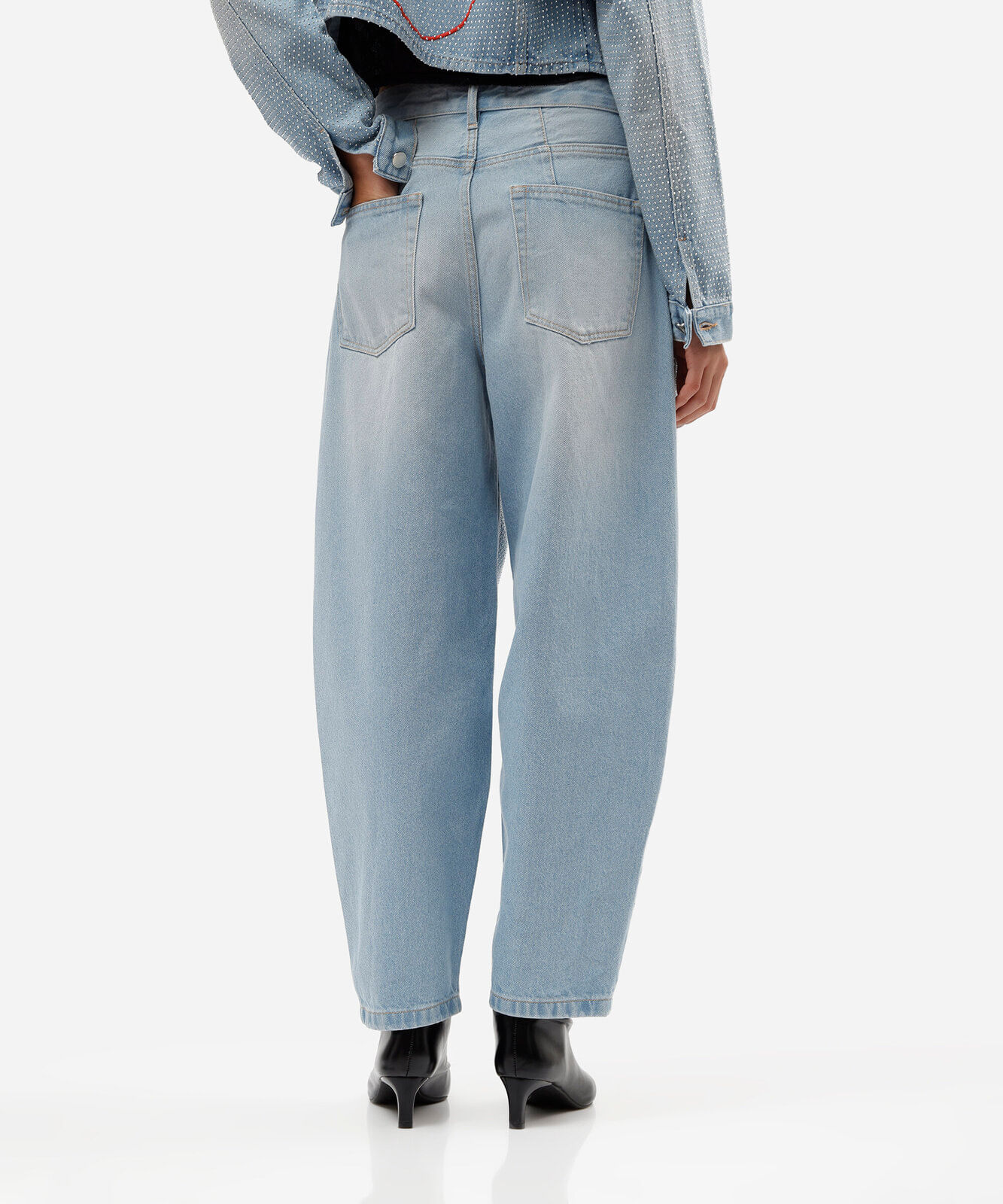 calça barrel feminina jeans cintura média com brilhos azul
