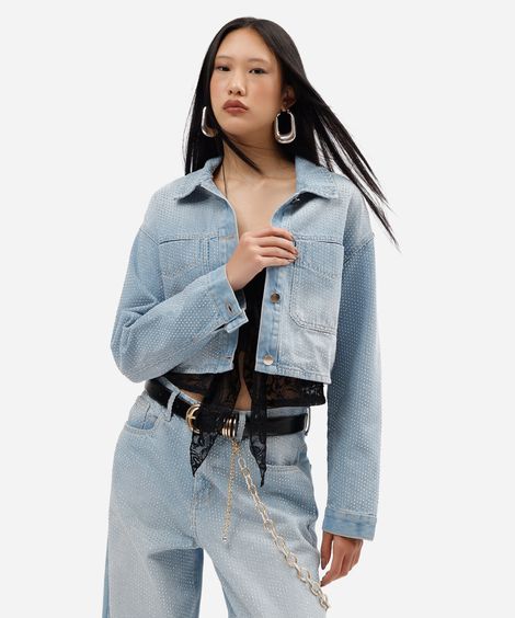 jaqueta cropped feminina jeans com bordado e brilhos rock in rio azul