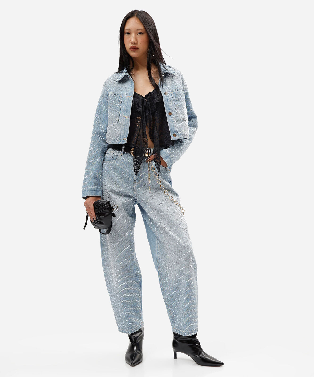 jaqueta cropped feminina jeans com bordado e brilhos rock in rio azul