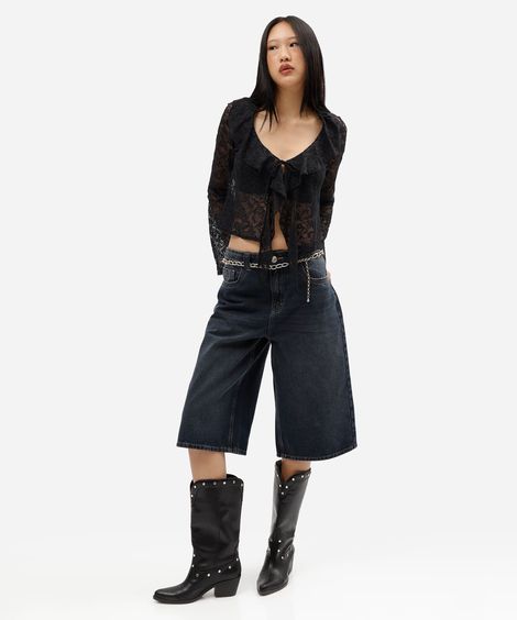 blusa feminina de renda decote v manga longa  com babado preta