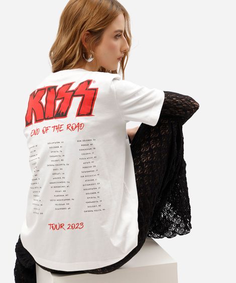 camiseta feminina de algodão peruano manga curta kiss off white