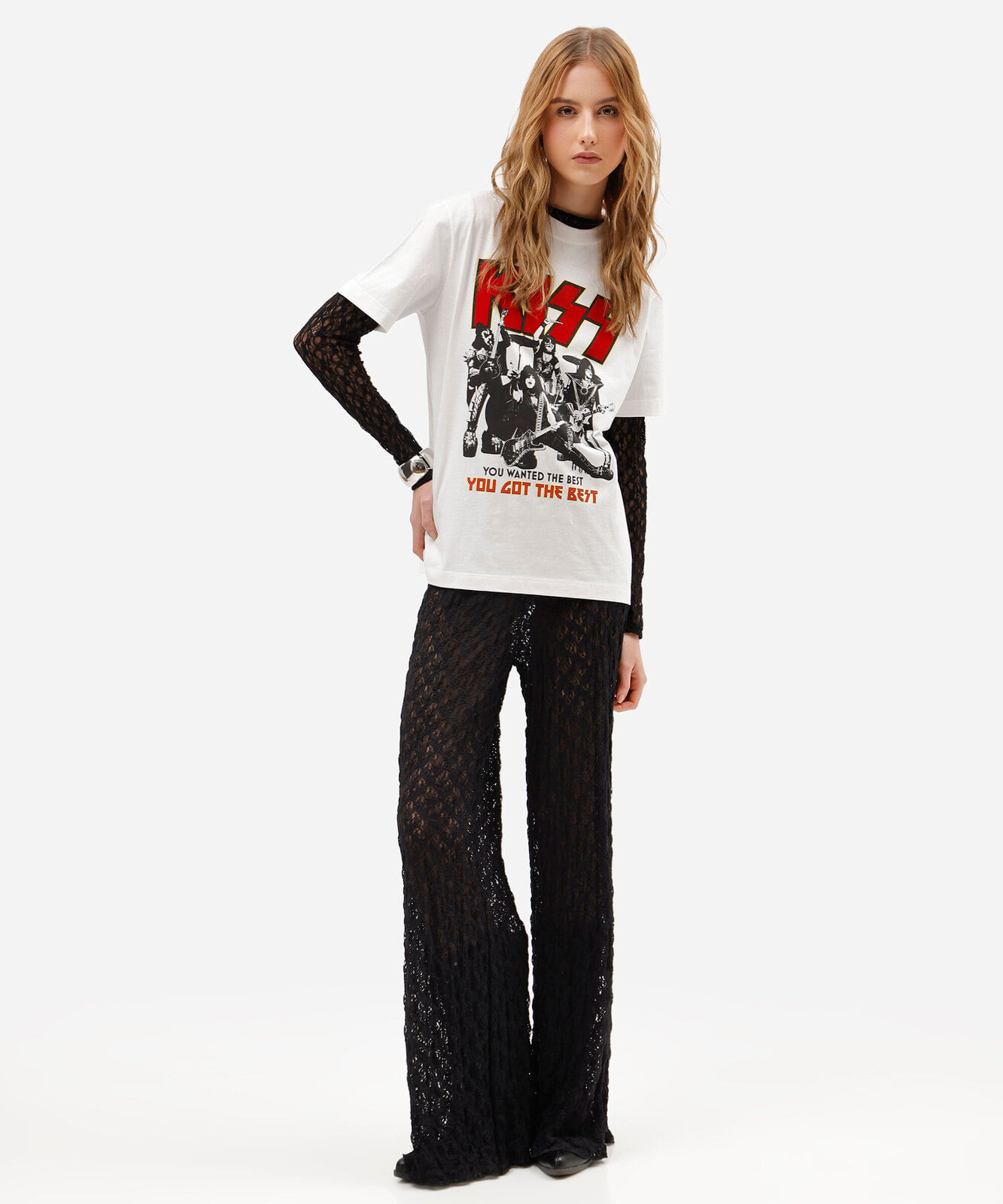 camiseta feminina de algodão peruano manga curta kiss off white
