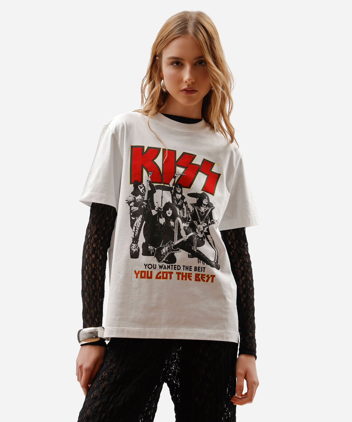 camiseta feminina de algodão peruano manga curta kiss off white