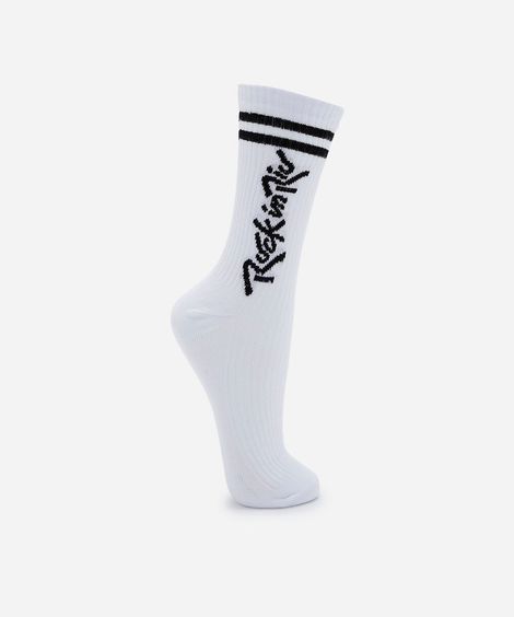 meia masculina cano longo rock in rio de algodão canelada branca
