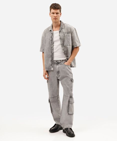 calça baggy cargo masculina jeans marmorizada cinza