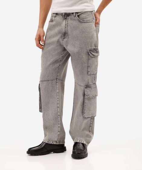 calça baggy cargo masculina jeans marmorizada cinza