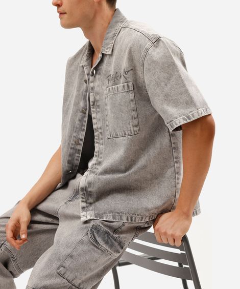camisa box fit masculina jeans marmorizada rock in rio cinza
