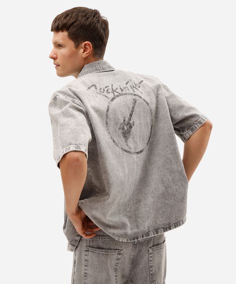 camisa box fit masculina jeans marmorizada rock in rio cinza