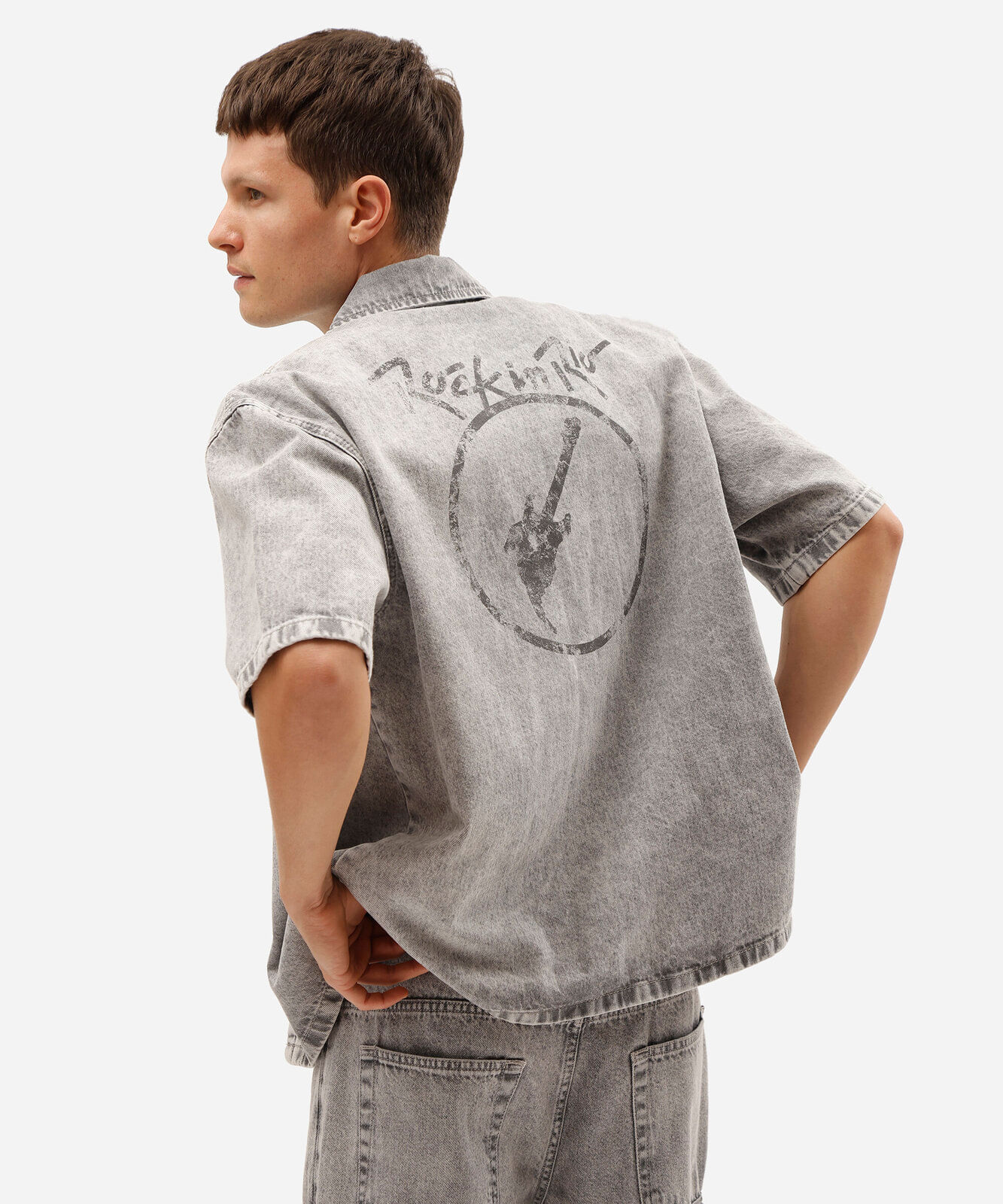 camisa box fit masculina jeans marmorizada rock in rio cinza