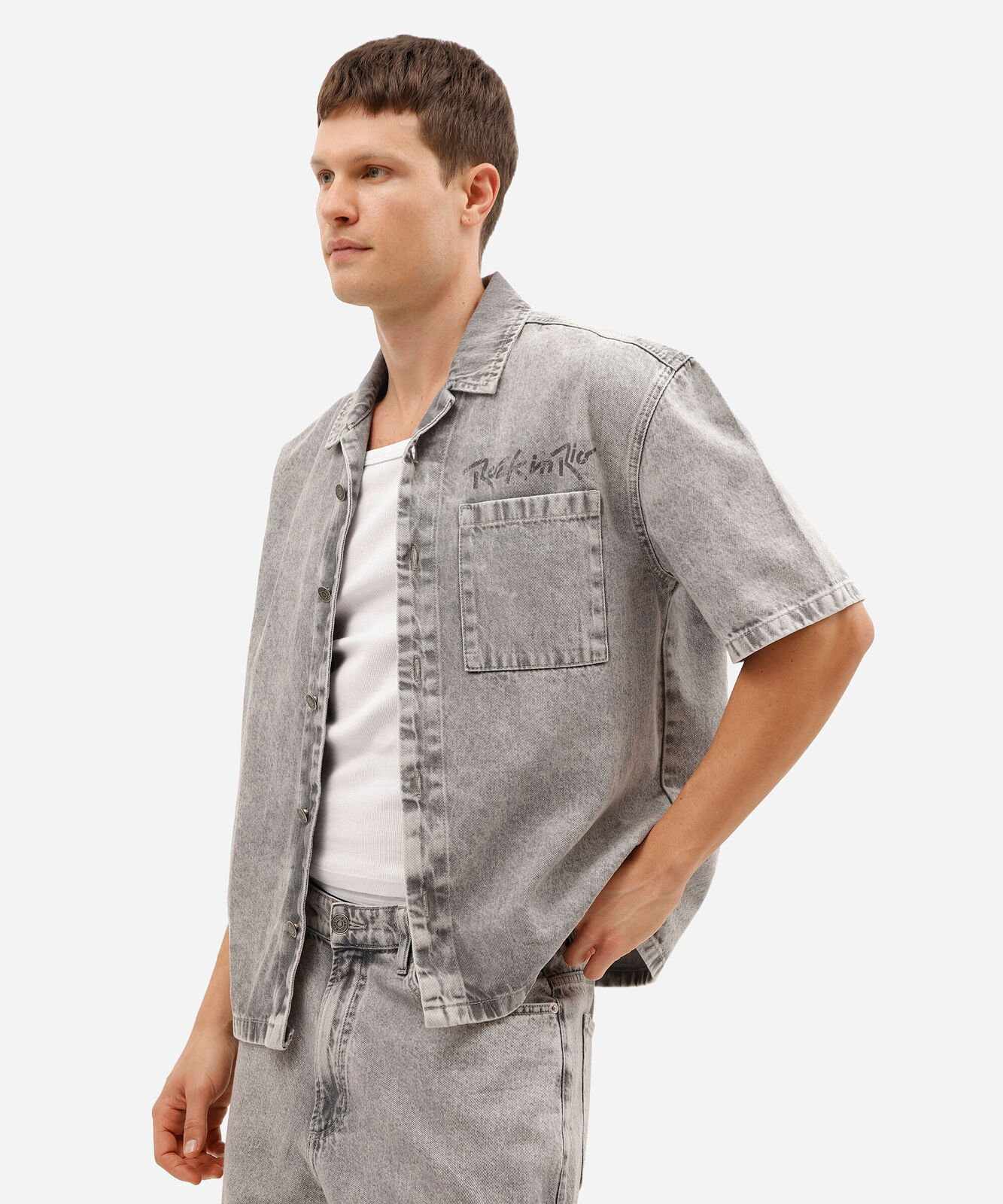 camisa box fit masculina jeans marmorizada rock in rio cinza