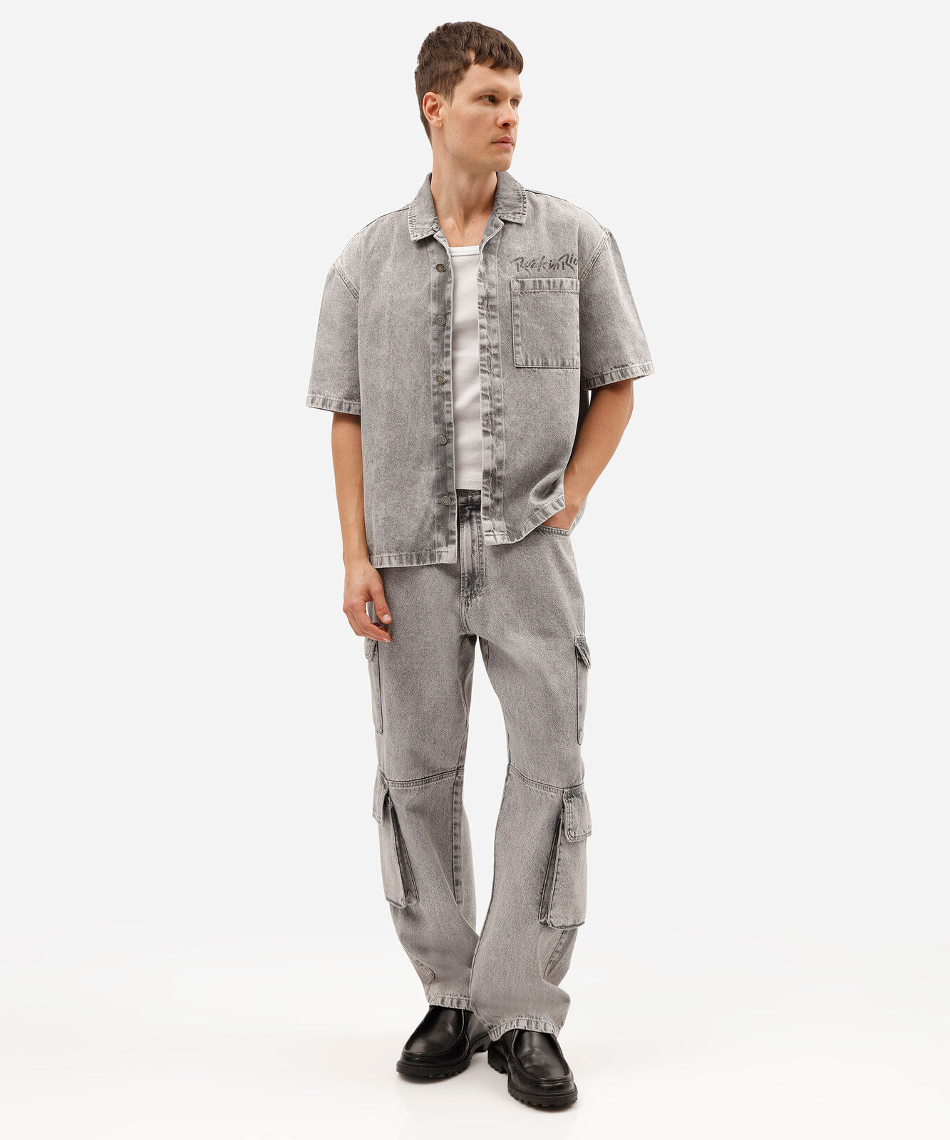 camisa box fit masculina jeans marmorizada rock in rio cinza