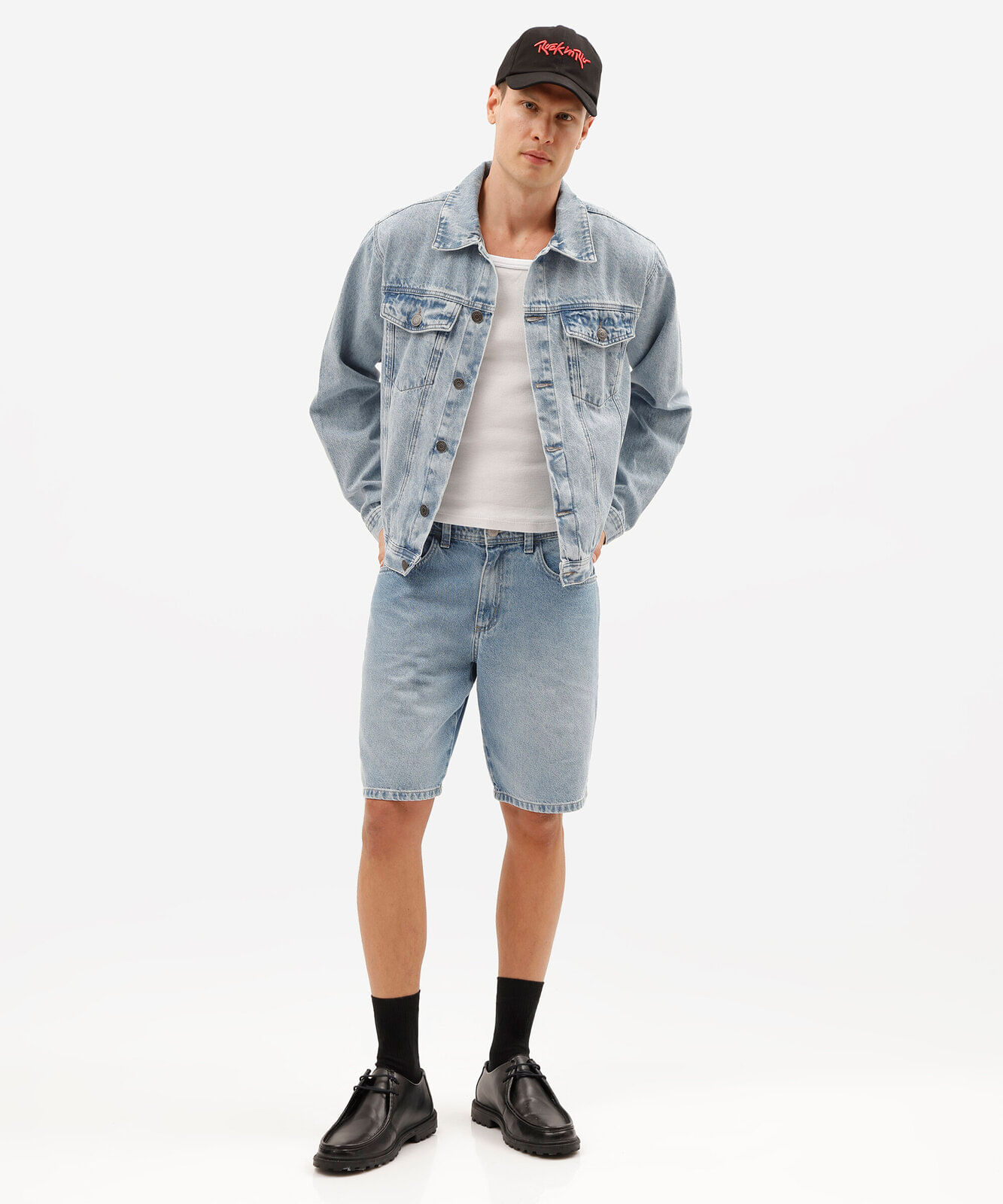 jaqueta masculina jeans bordada rock in rio azul