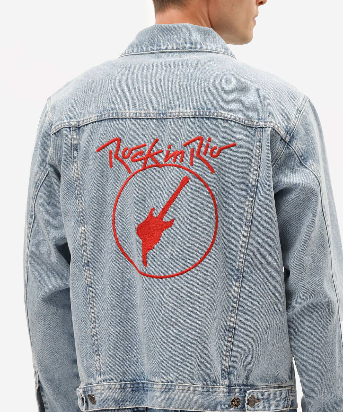 jaqueta masculina jeans bordada rock in rio azul