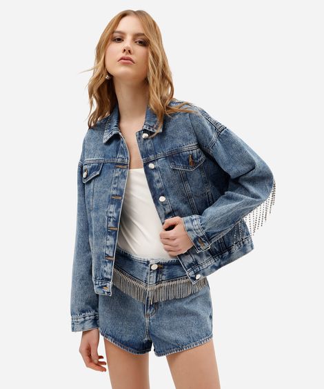 jaqueta feminina jeans com franjas  de brilhos azul