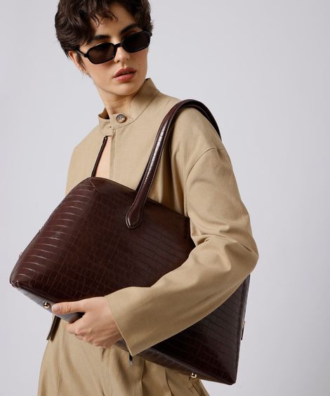 bolsa tote feminina mindset com textura croco marrom