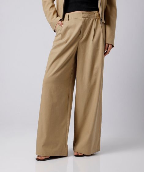 calça wide leg de alfaiataria feminina em sarja com pregas mindset bege