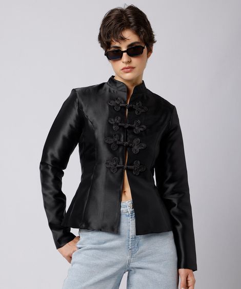 jaqueta feminina gola mandarim mindset preta