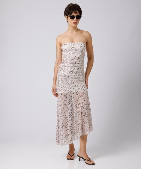 vestido midi sem alça feminino de tule franzido poá mindset off white