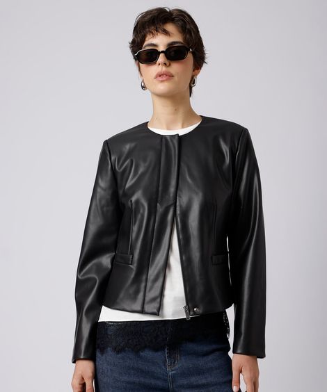 jaqueta cropped feminina de pu mindset preta