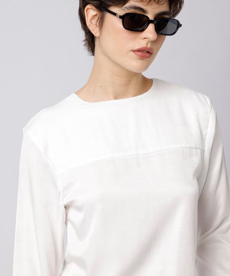 blusa feminina decote redondo manga longa com recorte mindset off white
