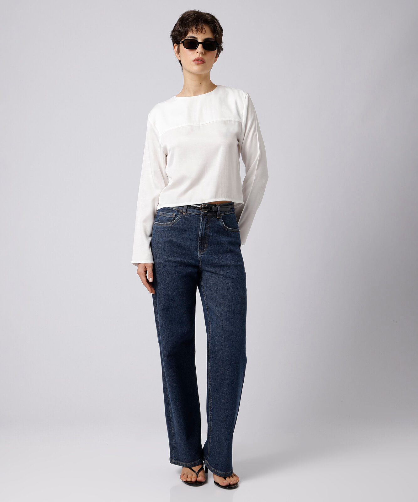 blusa feminina decote redondo manga longa com recorte mindset off white