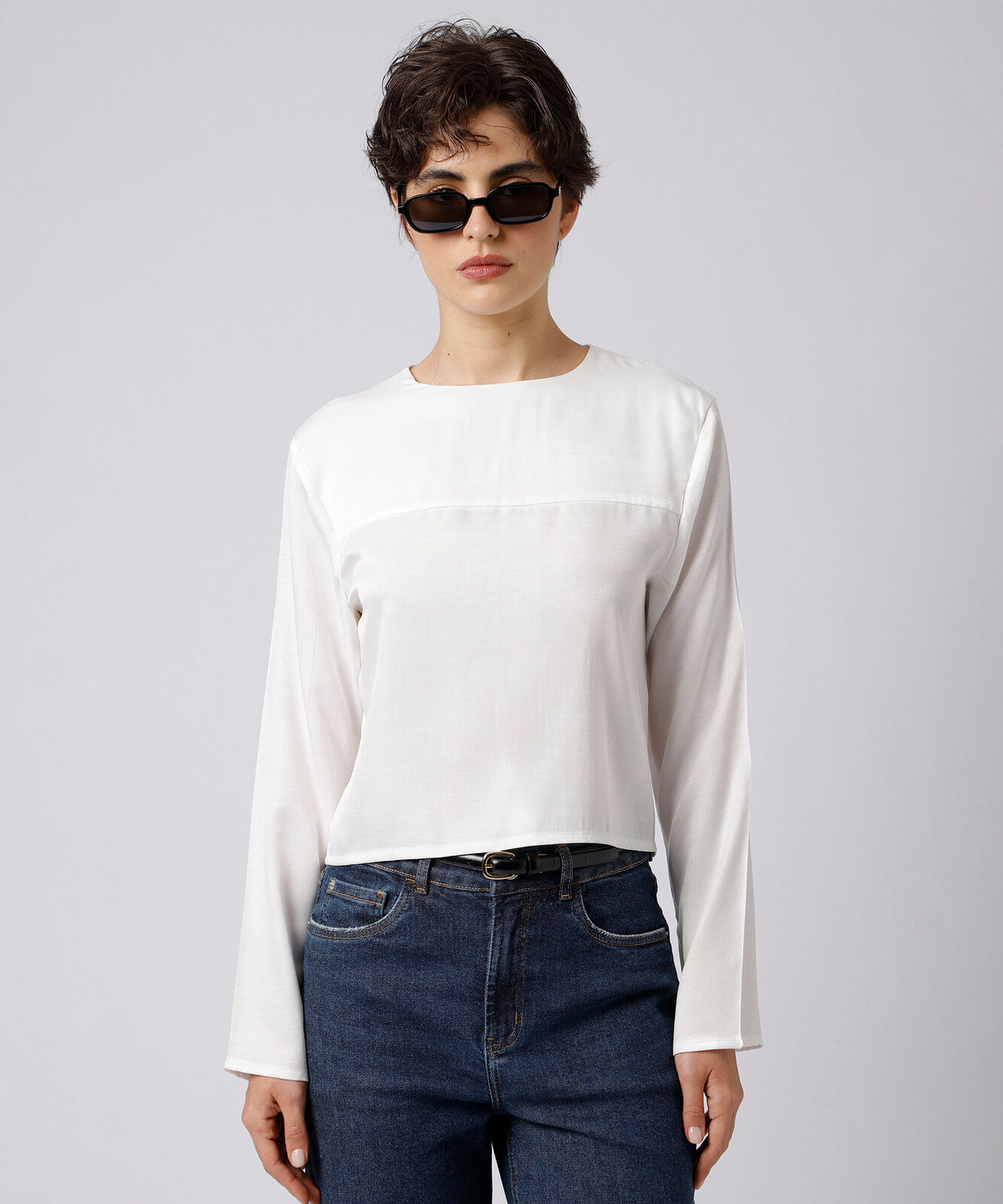 blusa feminina decote redondo manga longa com recorte mindset off white