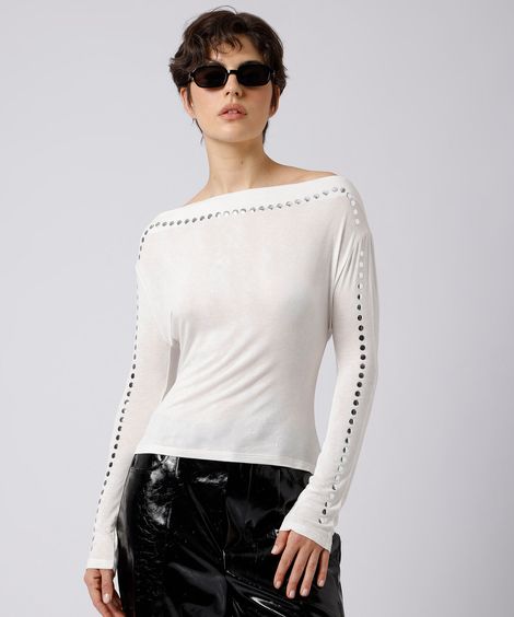 blusa feminina de viscose decote canoa com tachas mindset off white