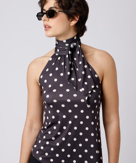 blusa frente única feminina gola alta assimétrica poá mindset preta