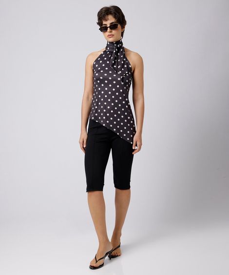 blusa frente única feminina gola alta assimétrica poá mindset preta