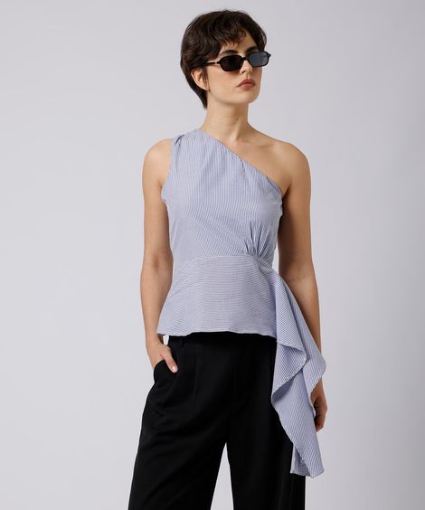 blusa peplum ombro único feminina mindset azul