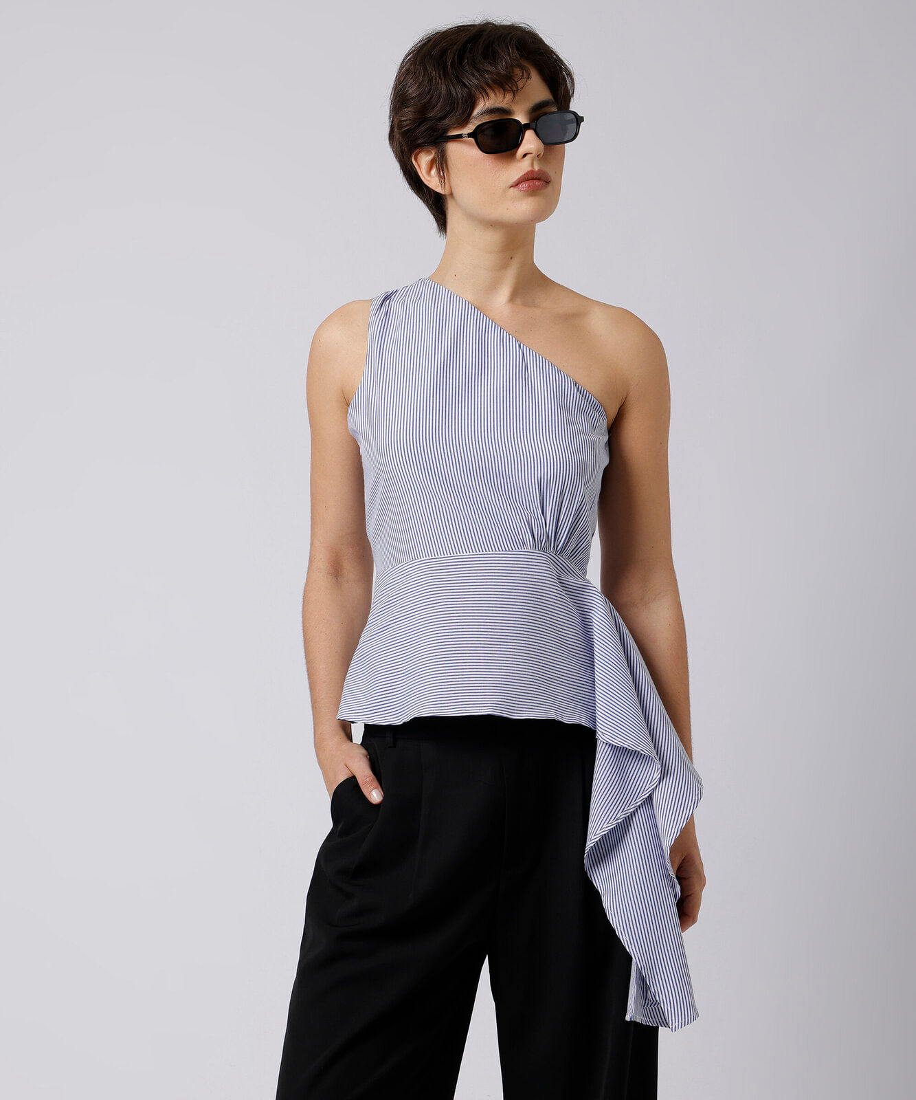 blusa peplum ombro único feminina mindset azul